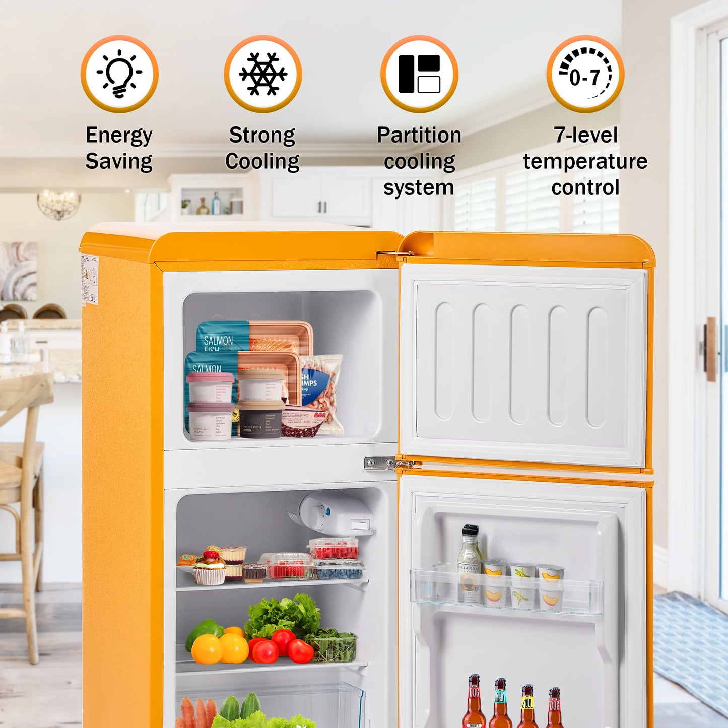 Frigorífico combi retro 45,5 cm de ancho, 2 puertas, 60 litros de volumen total, volumen de congelador 22 litros. 102 KWh/año,