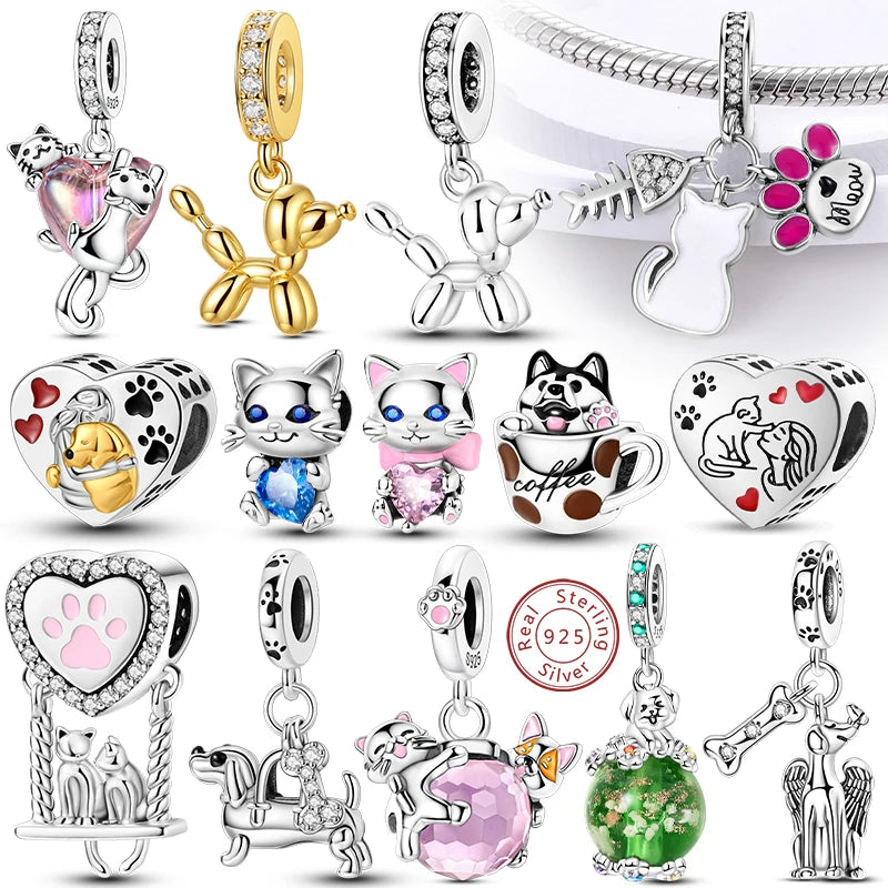 Abalorios de plata de ley 925 con huellas de perro, gato, corazón, animales, abalorios que se ajustan a pulseras, collares, colgantes, joyas para mujer, para hacer tú mismo