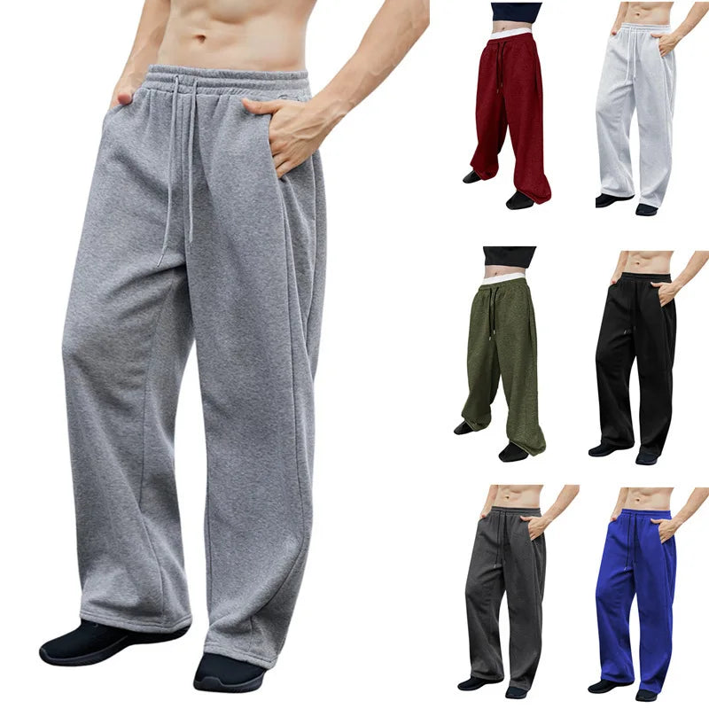 Pantalon hygiénique de couleur unie pour hommes, taille droite avec cordon de serrage, jambe large, coupe ample avec poches, pantalon de sport polyvalent, 2025