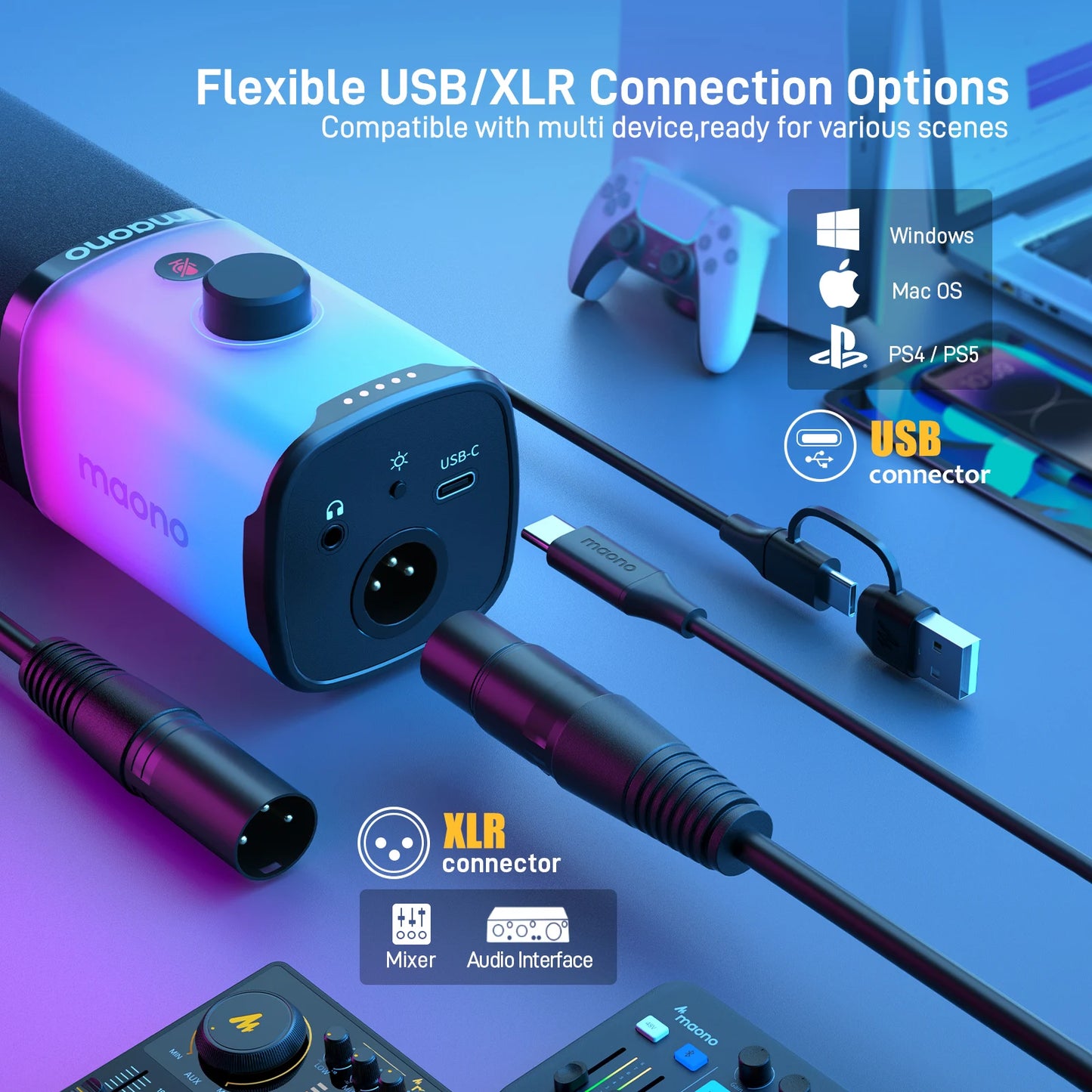 MAONO PD100X – Microphone gaming dynamique USB/XLR avec LED RGB, EQ et bouton muet pour PC et PS4/5