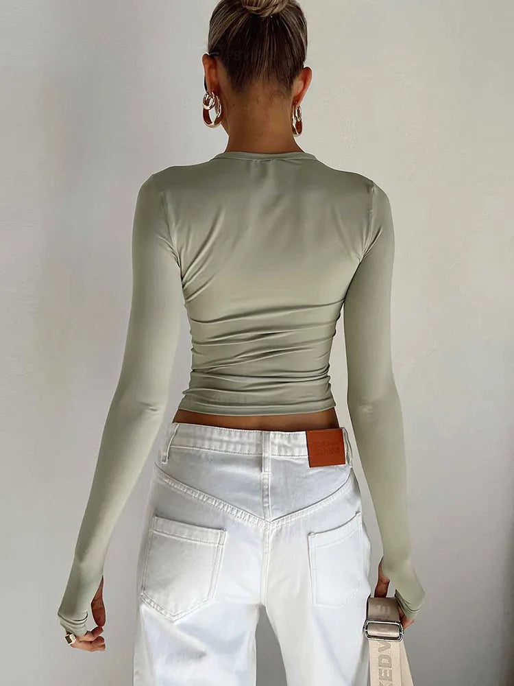 Haut Court Femme Manches Longues Trous Pouces — Streetwear Coupe Ajustée