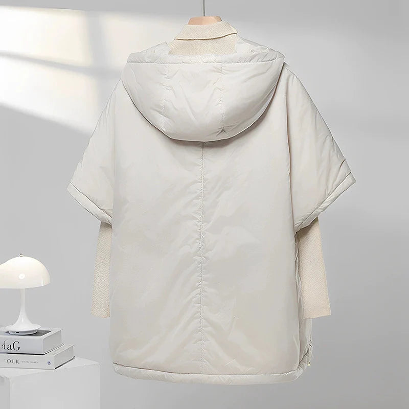 Chaleco de mujer Schinteon camel tipo capa de plumas con capucha holgado sin mangas, chaleco sólido de moda, chaqueta de otoño invierno 2025 nuevo