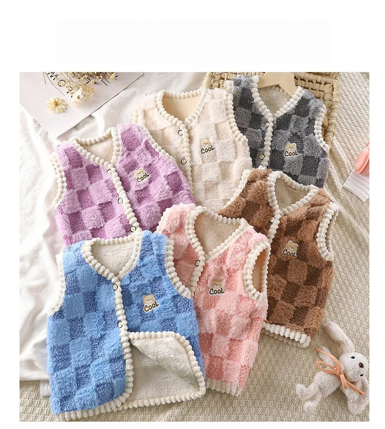 Manteau polaire pour enfants, Gilet chaud Double épaisseur, motif à carreaux, pour garçons et filles, vêtements d'extérieur sans manches, automne et hiver