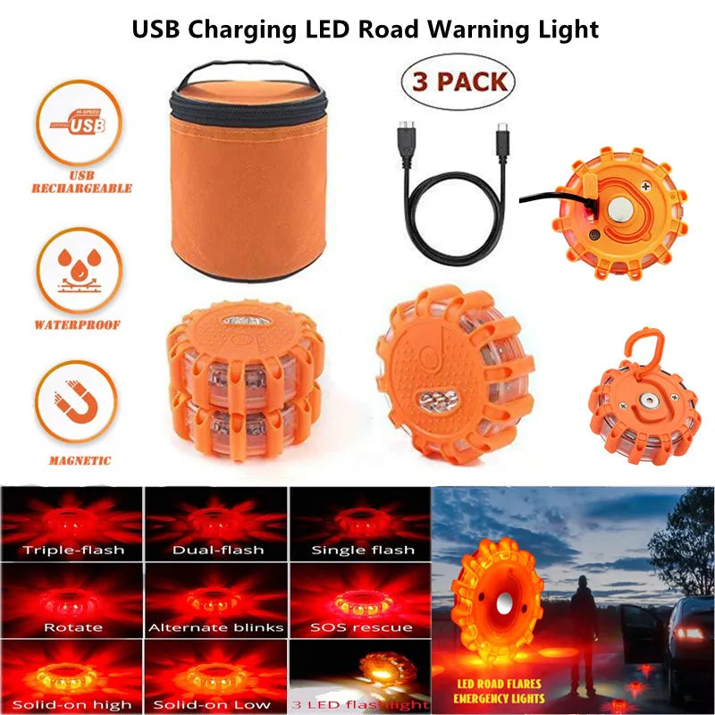 Paquet de 3 évasés de route LED clignotant voyant d'avertissement d'urgence USB Rechargeable aide Flash disque de sécurité en bord de route Base clignotante magnétique