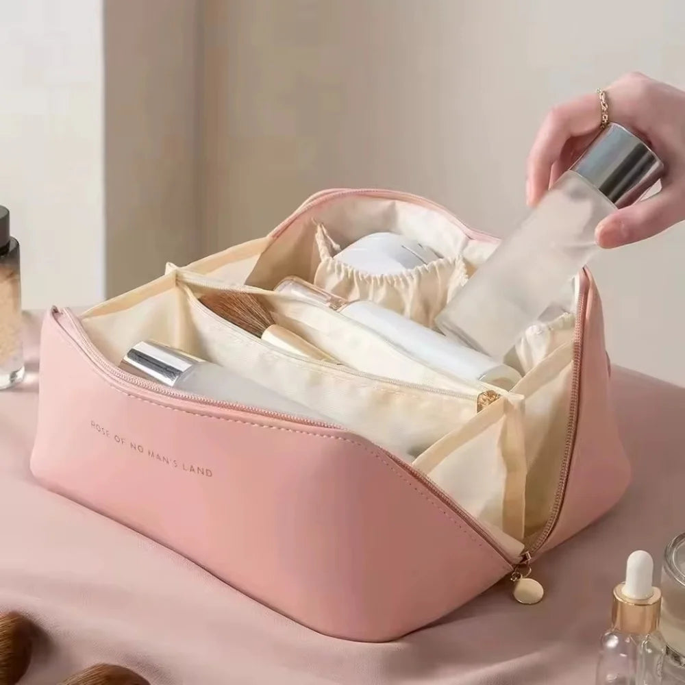Bolsa de almacenamiento de cosméticos de viaje portátil, bolsa de maquillaje de gran capacidad, impermeable, para belleza y cuidado de la piel, almohada de belleza, neceser