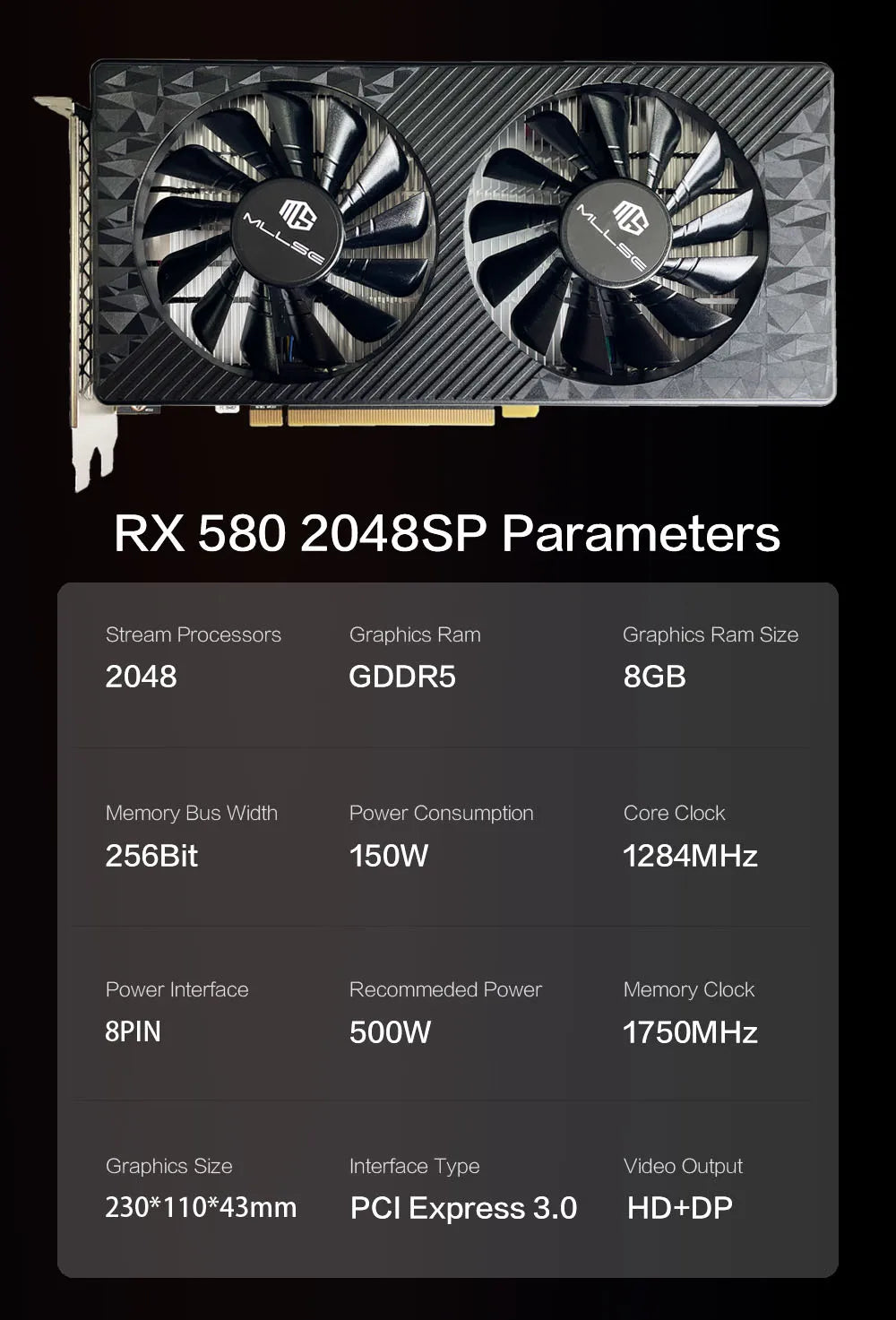 MLLSE AMD RX 580 8GB 2048SP carte graphique De jeu GDDR5 256Bit PCI-E 3.0 × 16 8Pin Radeon GPU Rx 580 carte vidéo Placa De vidéo