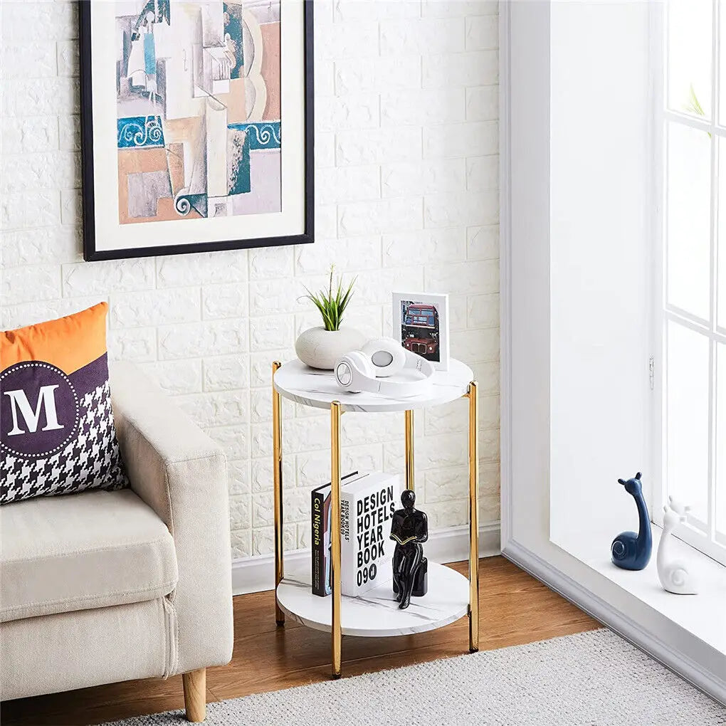LUVODI 2-Tier Round Sofa Side Tables, Plant Stand with Storage Shelf, Metal Frame for Living Room Bedroom
