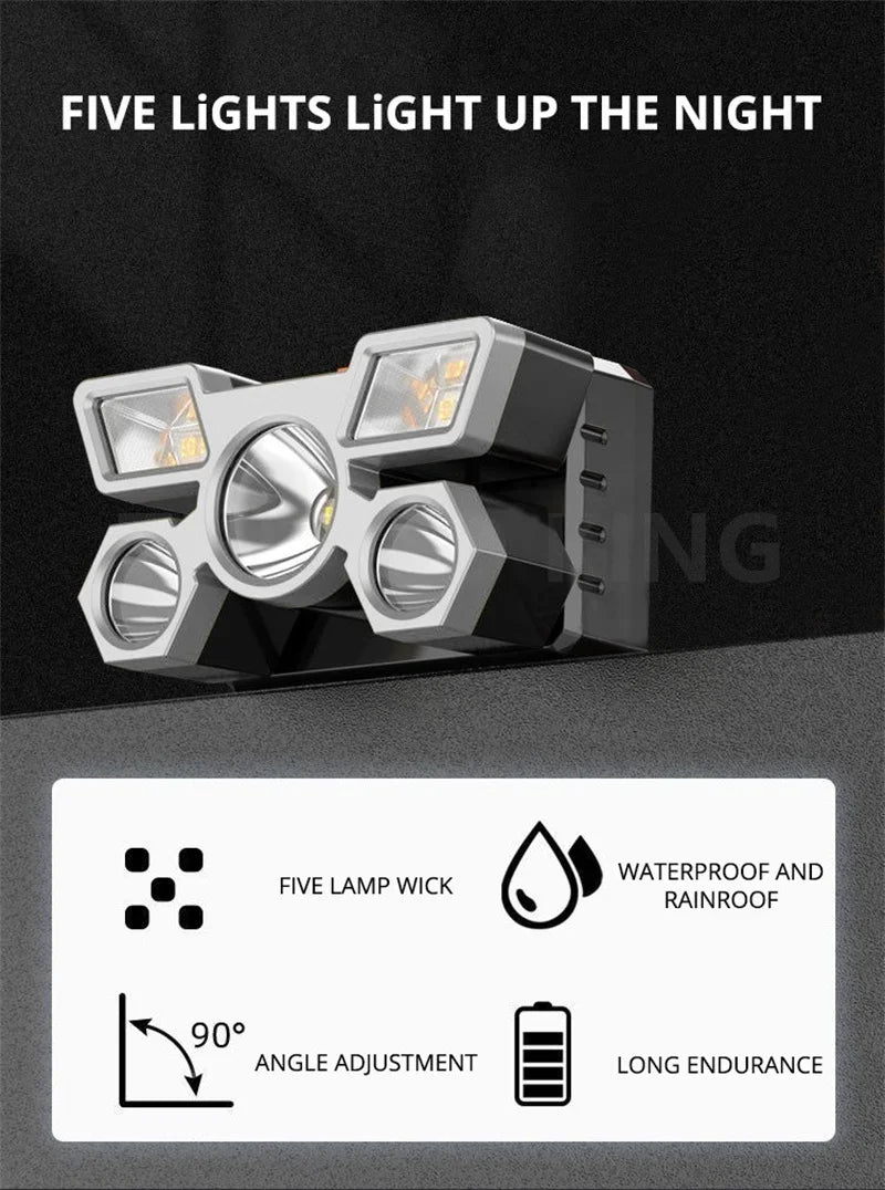Lampe frontale puissante à 5/11 LED, batterie 18650 intégrée, Rechargeable par USB, lanterne pour Camping en plein air, pêche