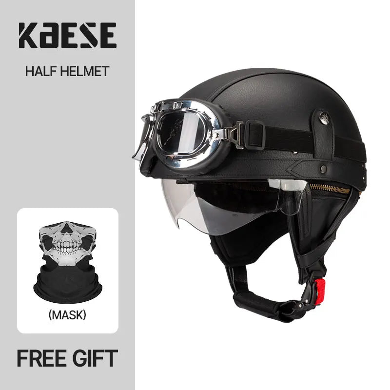 Casque Moto Demi-Visage Vintage DOT — Homme Femme Scooter Été Noir Marron