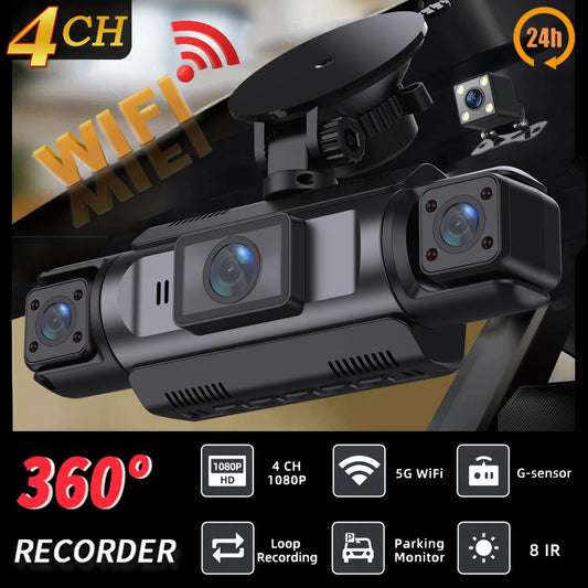Dashcam WiFi 4 Canaux 1080P Boîte Noire — Avant Gauche Droite Arrière Vision Nocturne