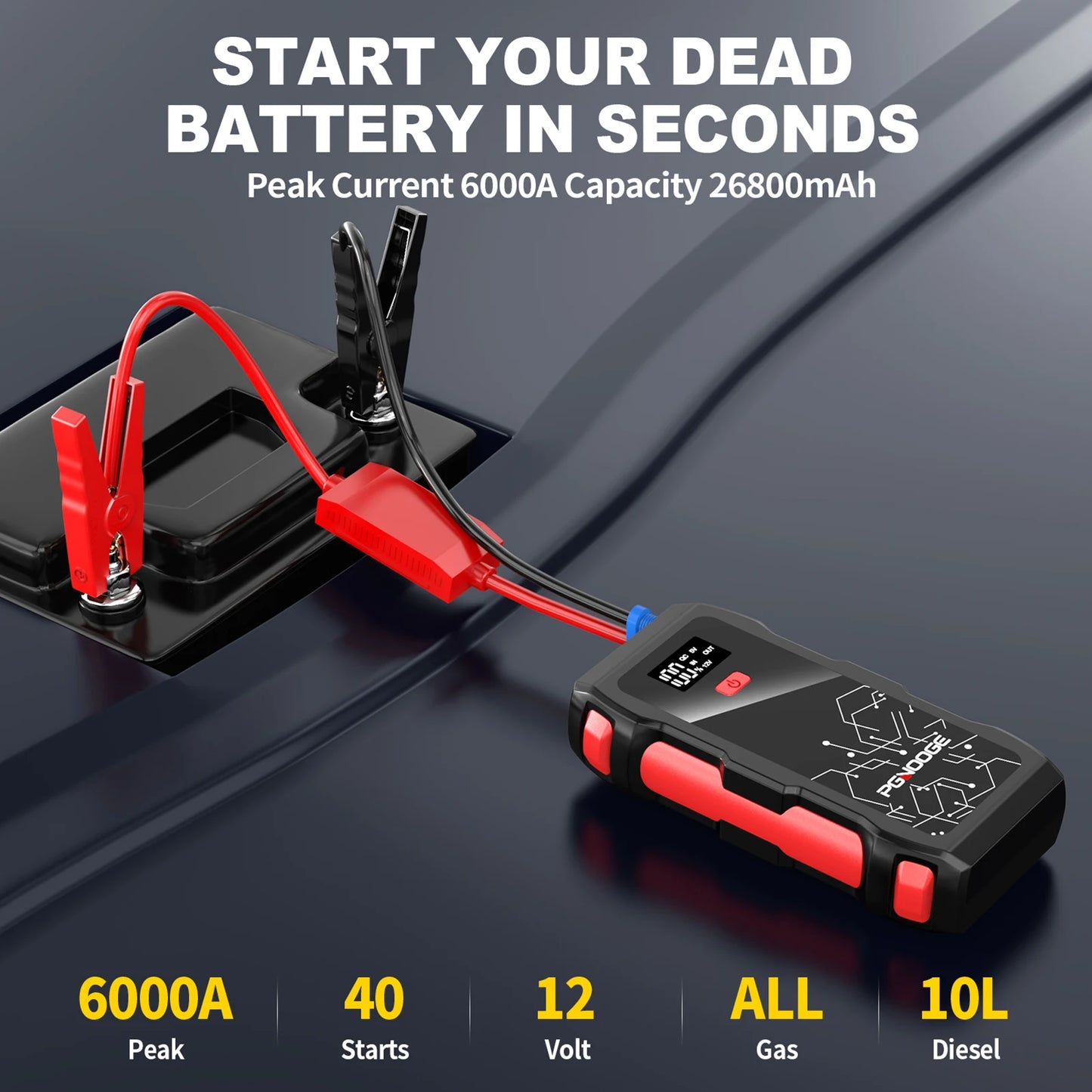 PGNOOGE 26800mAh 6000A de Crête Démarreur de Batterie, Booster de Batterie pour Tous les Moteurs Essence et 10L Diesel, 12V Batterie Voiture avec Lampe Torche, Affichage LED, Charge Rapide USB