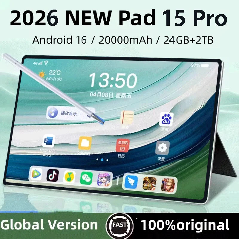 Nueva tableta PC original Pad 15 Pro 2026 Edición Mundial Android 16 24 GB+2 TB 8gen3 Tableta 5G Doble SIM Pantalla HD Pantalla Completa Mini PC