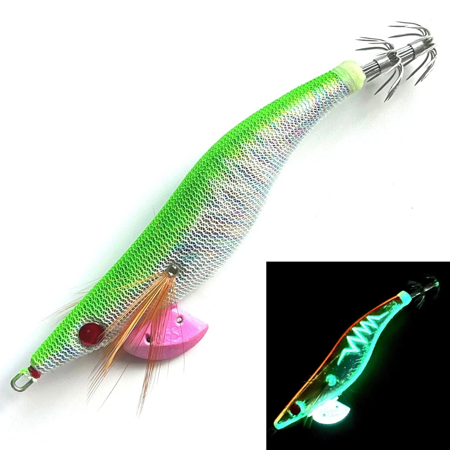 Appât phosphorescent en bois pour la pêche à la seiche, gabarits de calmar, crochets de gabarit de poulpe, léger et noctilucent, taille 3.5 #, 21g
