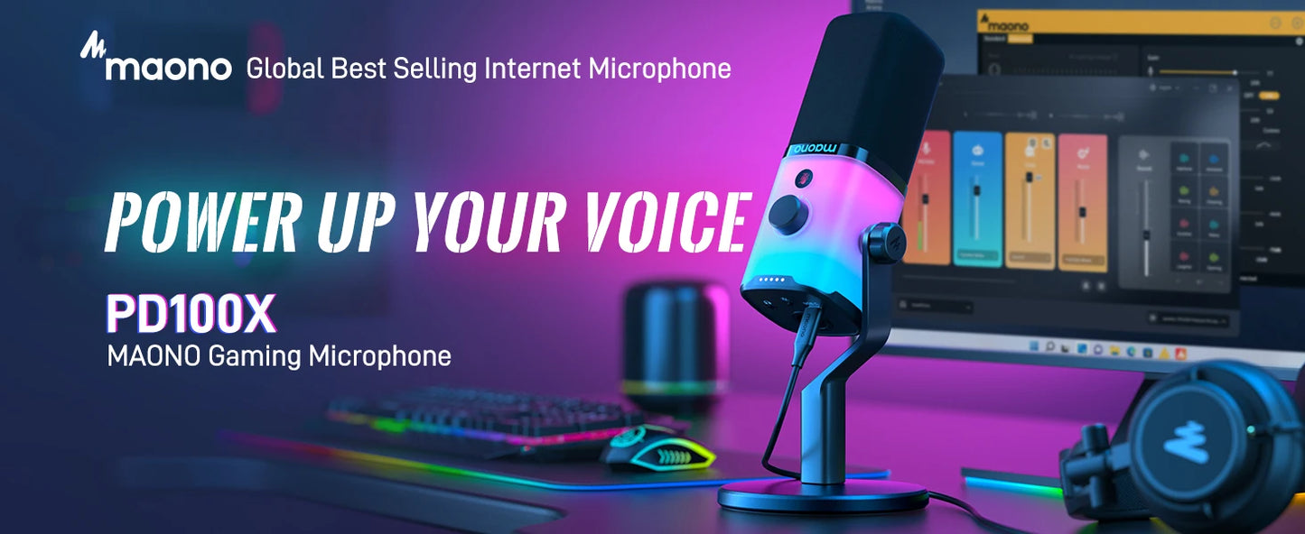 MAONO PD100X – Microphone gaming dynamique USB/XLR avec LED RGB, EQ et bouton muet pour PC et PS4/5