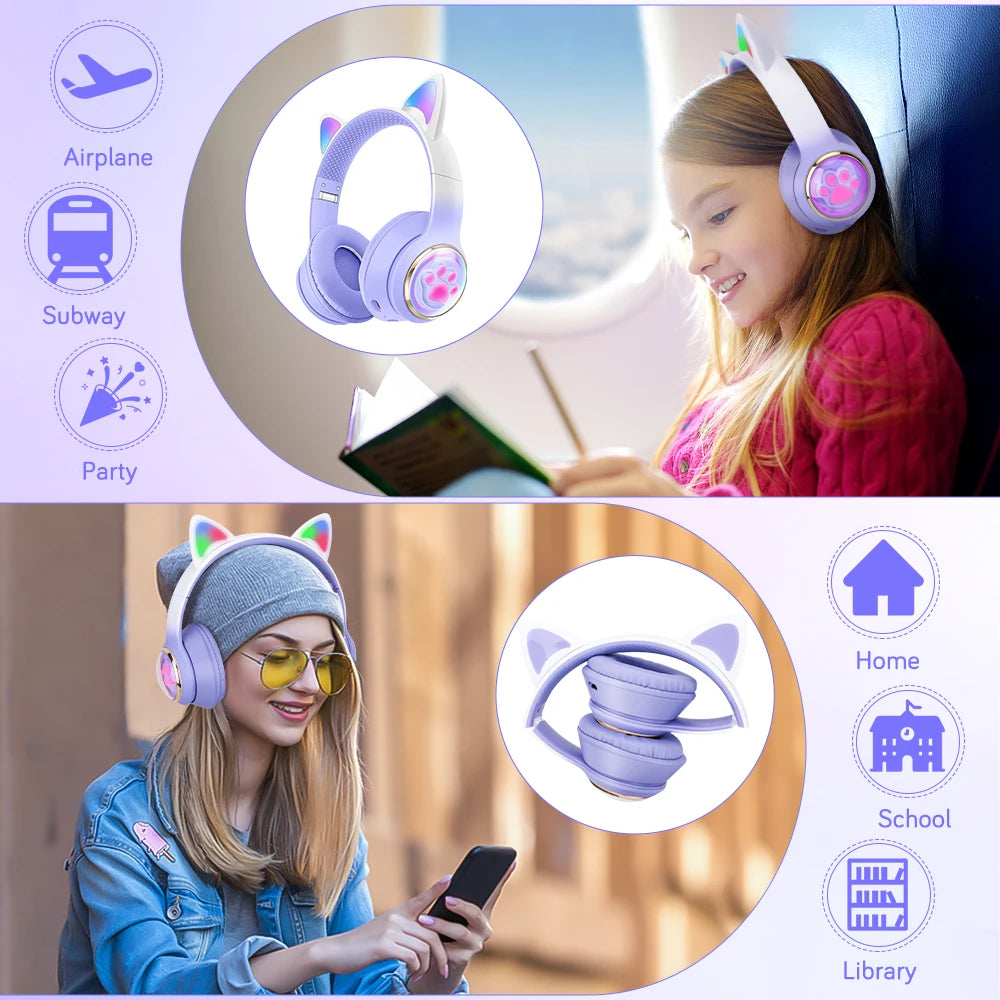 RGB Cat Ear Wireless Headphones for PC, Cute 3D Space Capsule Bluetooth Headset, Foldable Gaming Headphone, Gifts for Kids Girls