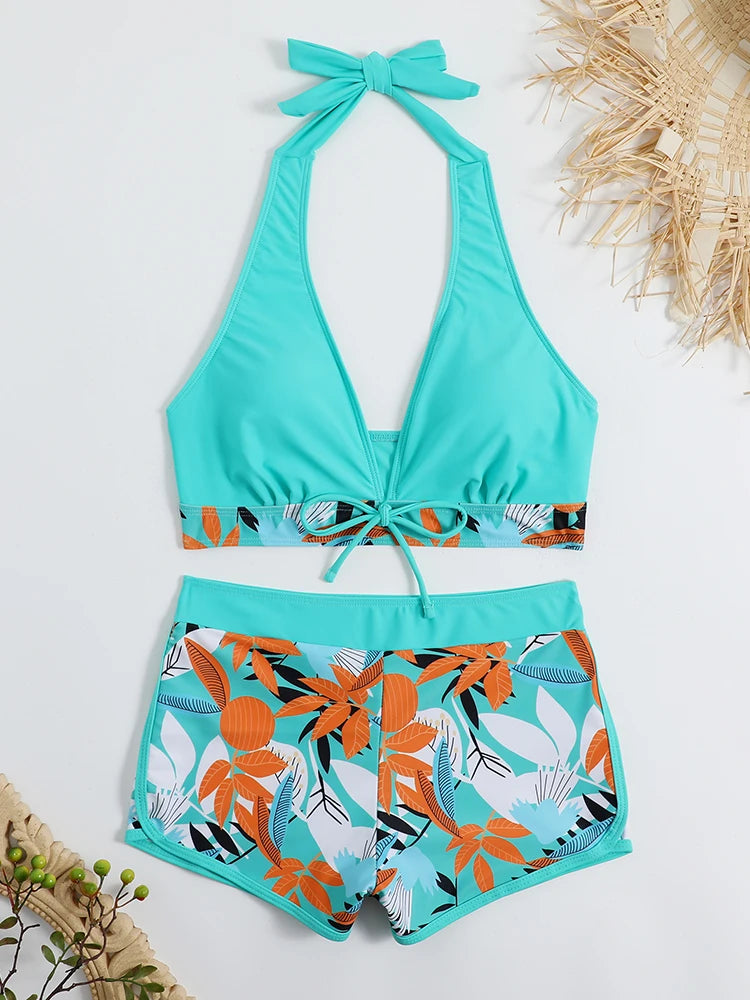 Ensemble de bikini halter 2026, maillot de bain court pour femme, maillot de bain taille haute imprimé, tenue de plage