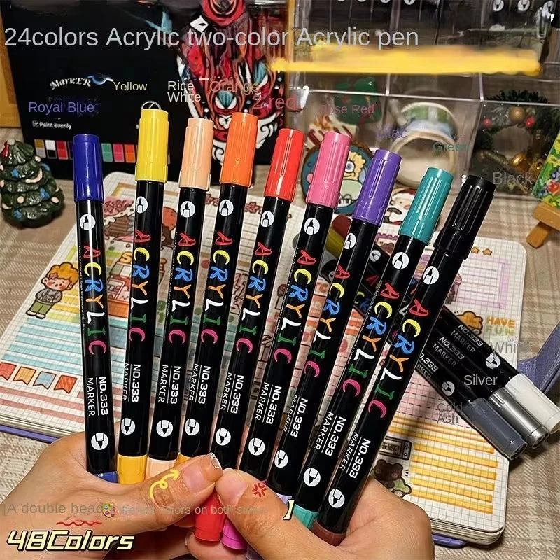 Marqueurs de peinture acrylique professionnels à 48 couleurs, double pointe fine et pinceau, adaptés à la pierre, au bois, à la calligraphie