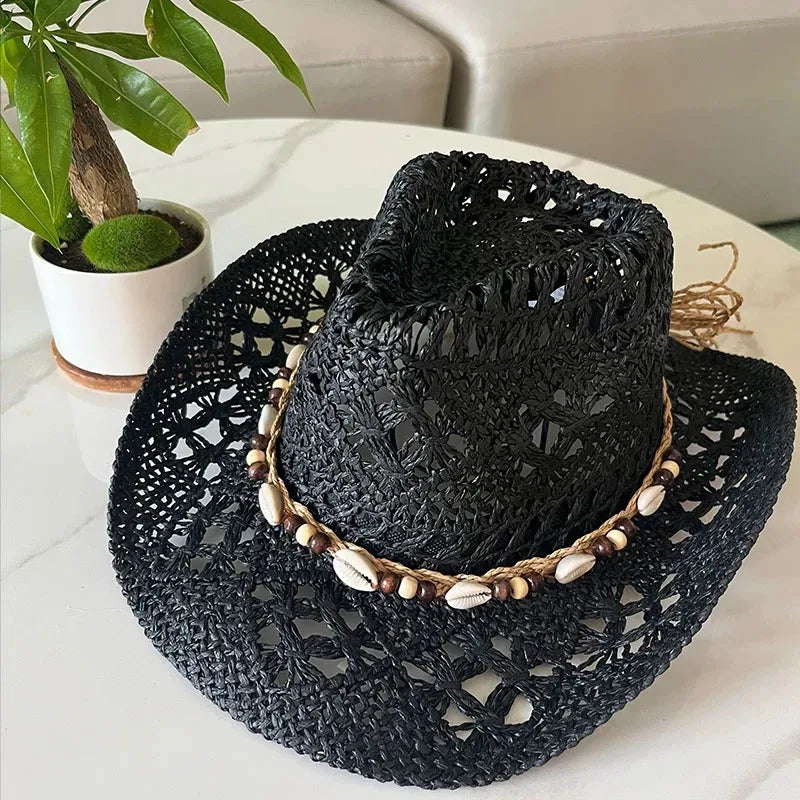 Chapeau de paille bohème d'été pour femmes et hommes, chapeaux de Cowboy de plage, perles en bois ajourées, chapeau de soleil oc