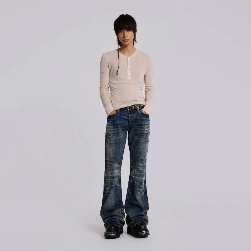 Y2K Blue Flared Jeans Vintage Washed Men Women Bootcut Gothic Jeans High Street Unisex Streetwear Retro Baggy Wide Leg Pants