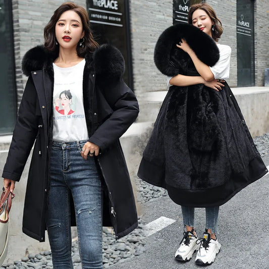 2024 Winter Parka New Women's Jacket Clothing Long Wool Liner Hooded Thick Warm Fur Collar Snow Wear Fashion Parka
