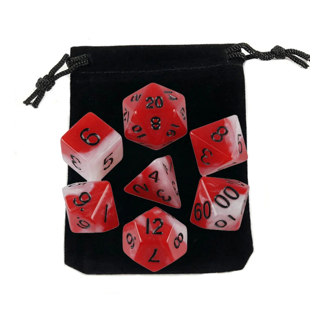 Dés polyédriques avec sac — jeu de société, jeu de rôle, d4, d6, d8, d10, d12, d20, 7 pièces