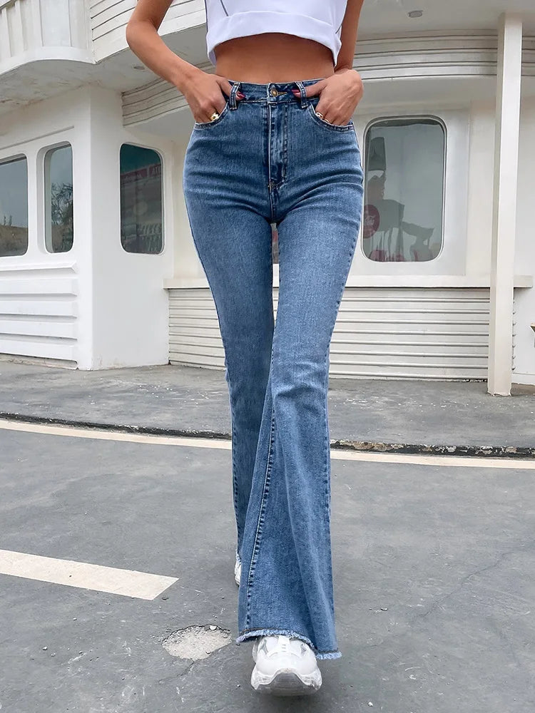 Benuynffy Women's Raw Hem Flare Jeans, Denim Pants, High Waisted, Full Length, Slim Fit, Button Fly, Autumn Fashion