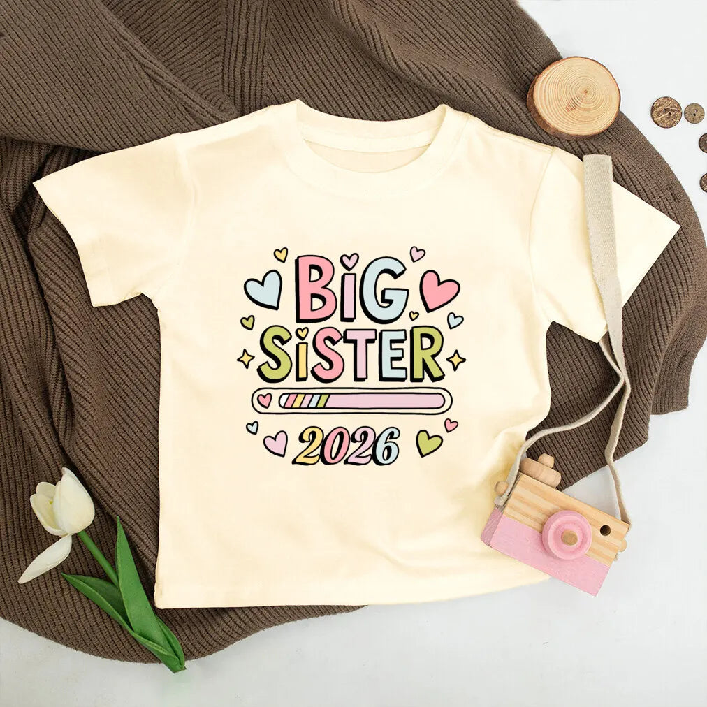 T-shirt enfant grande sœur 2026 — annonce de grossesse, rétro, manches courtes, tenue d'été