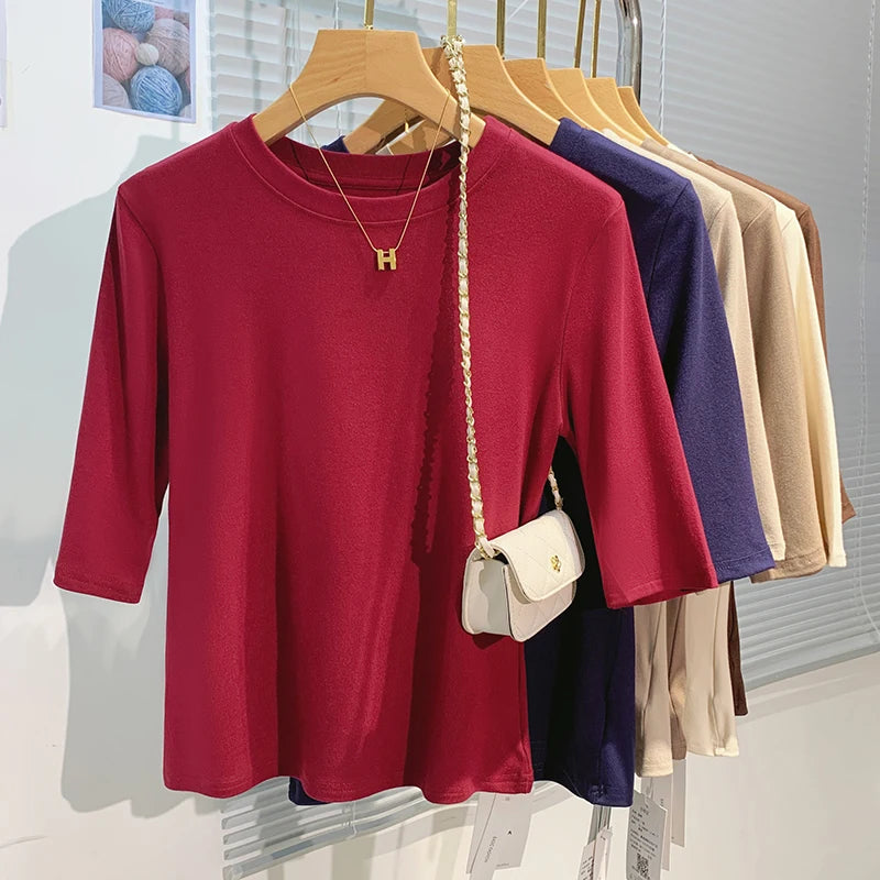 T-shirt femme 100% coton basique — col rond, tendance, uni, manches courtes, été 2026