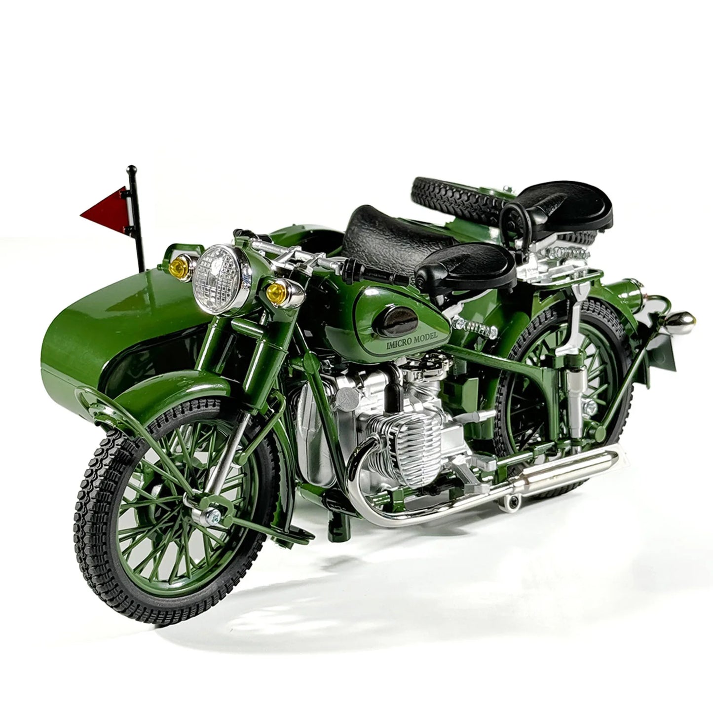 Moldeado a presión 1:10 Sidecar Triciclo modelo de simulación de aleación con luz y sonido, coche de juguete retro, adornos, coche en miniatura de colección, regalo para niño