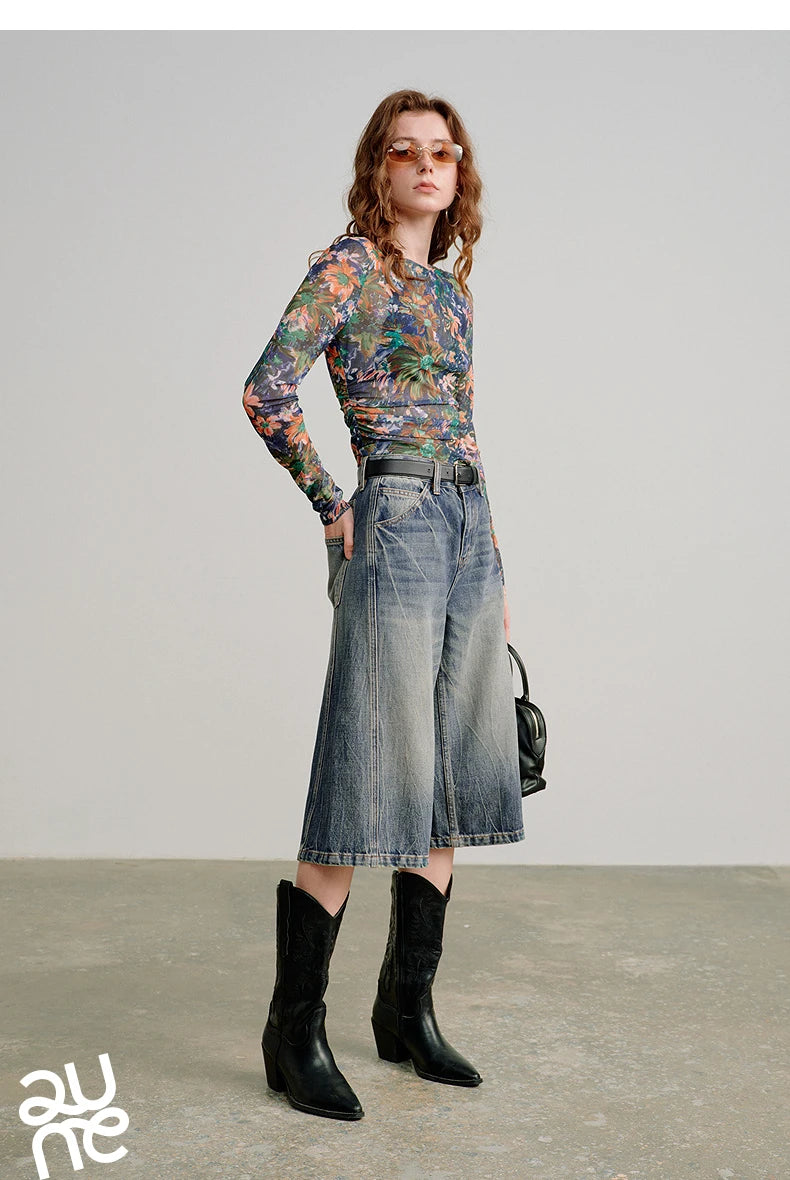 T-shirt femme en maille imprimé 2026 — printemps, taille découpée, Y2K, hauts courts