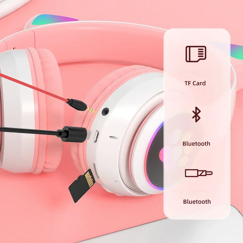 Lampe Flash oreilles de chat mignonnes, casque d'écoute stéréo bluetooth 5.0 avec Support de micro, carte TF, sans fil, pour enfants filles, cadeau d'anniversaire