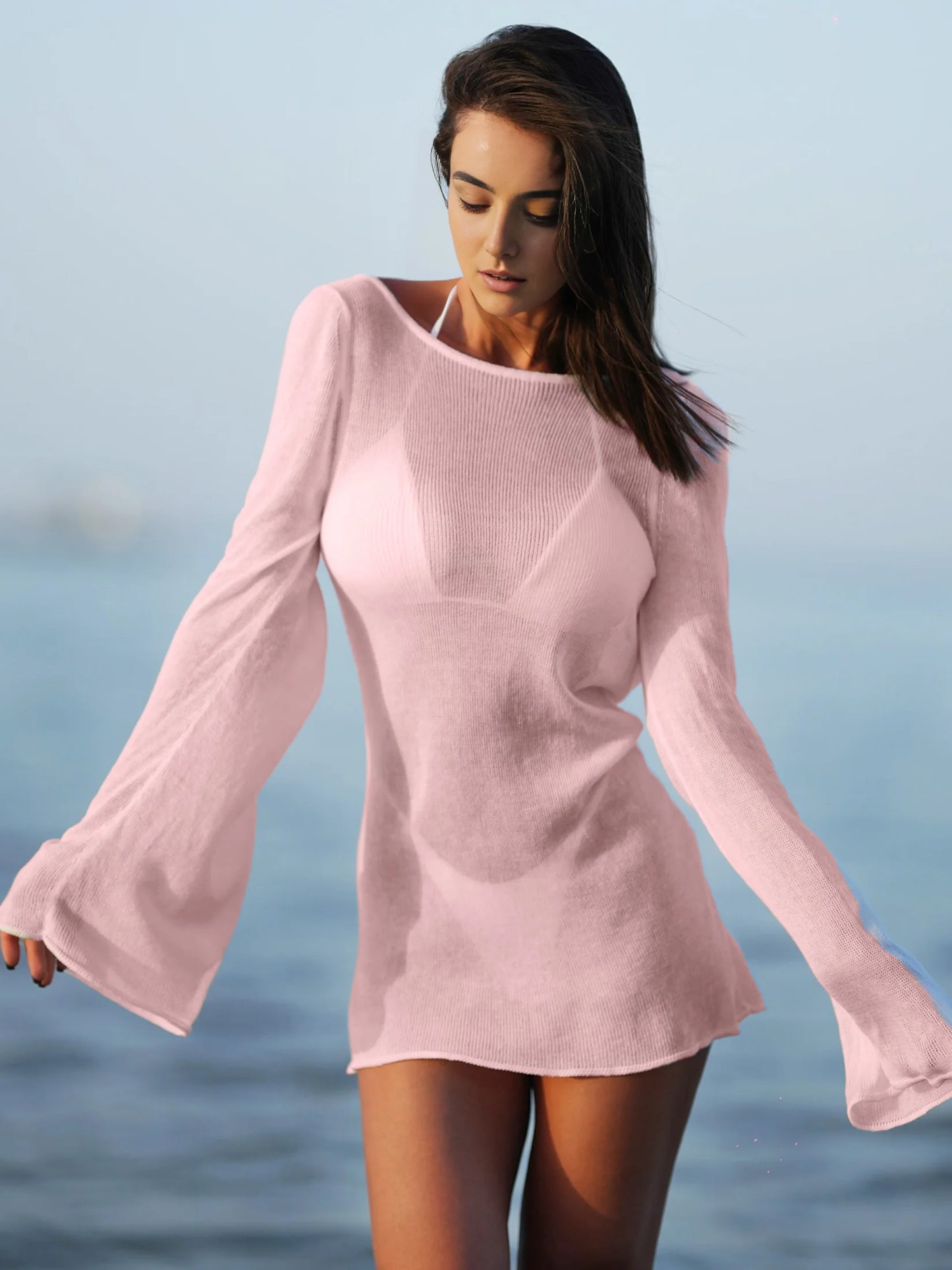 Robe de plage en tricot transparent pour femmes, dos nu, manches cloche, couleur unie, coverups de bain, élégante, col rond, mini, été, 2025, K98