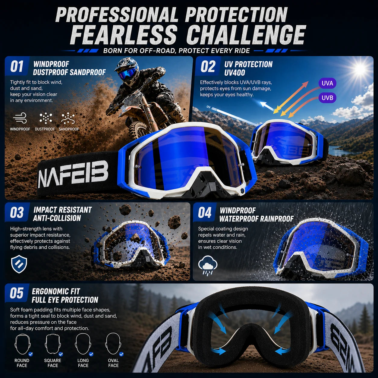 Lunettes de protection NAFEIB coupe-vent tout-terrain anti-poussière enveloppantes pour motocross, VTT, moto tout-terrain, exploration en extérieur, protection pour longs trajets