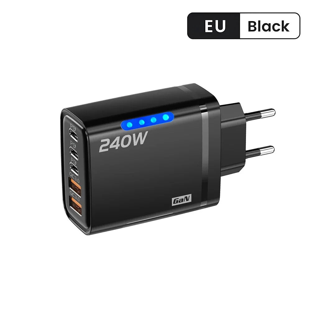 Chargeur de téléphone GaN 5 en 1 240W, adaptateur de charge rapide 10A, câble USB vers Type C, 3 ports PD, 2 ports USB, pour iPhone 16 15 Pro, Xiaomi