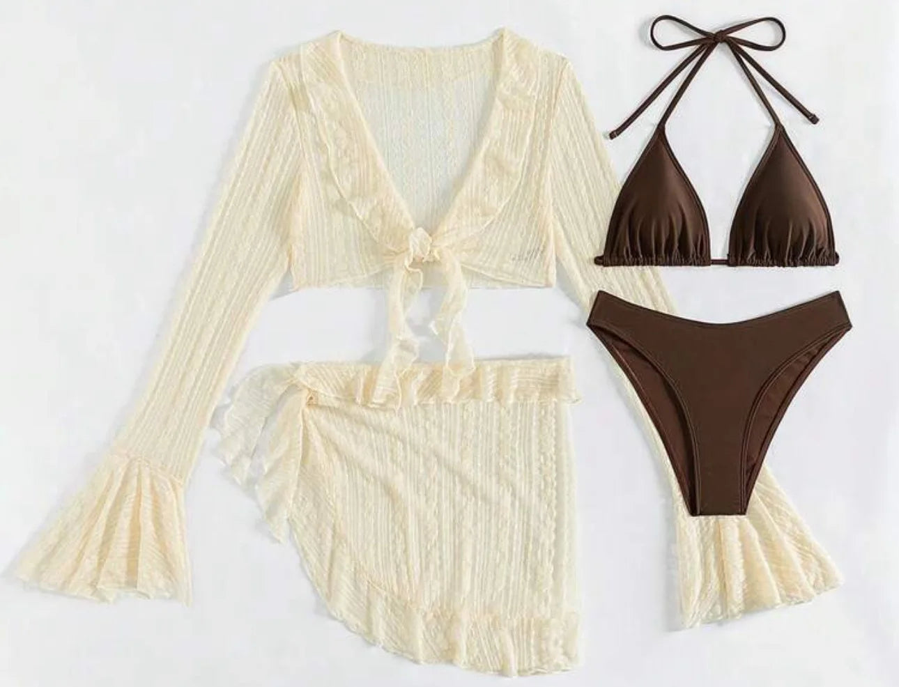 Maillot de bain sexy quatre pièces pour femme 2026, ensemble bikini uni à manches longues avec paréo, tenue de plage brésilienne pour l'été et les fêtes
