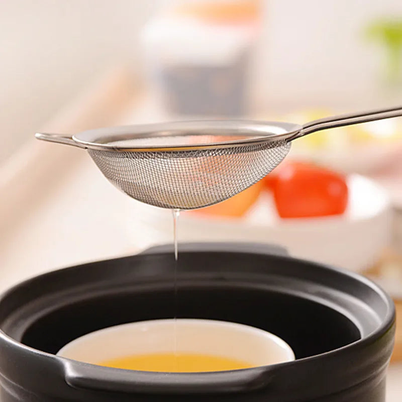 Passoire à mailles fines en acier inoxydable, avec poignée et crochet robustes, tamis pour jus de lait de soja, outils de cuisine 3 pièces