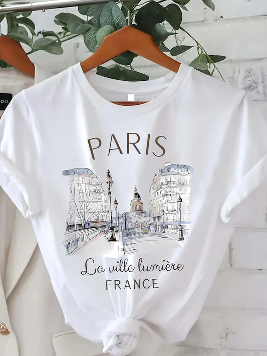 T-Shirt Imprimé Ville Femme — Manches Courtes Col Rond Décontracté Printemps-Été