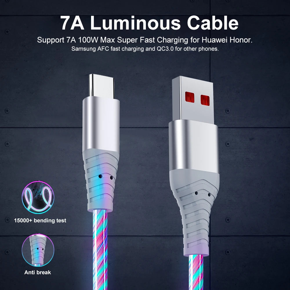 Câble USB Lumineux 7A — Charge Rapide Micro USB & Type-C LED Streamer