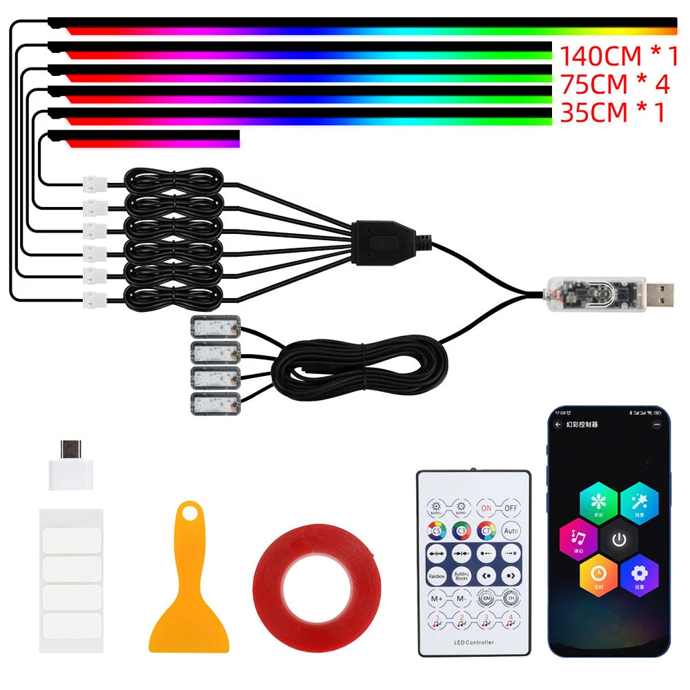 Luces LED de ambiente para coche 18 en 1, sinfonía, aplicación Bluetooth, serpentina de color RGB 214, tira acrílica ar