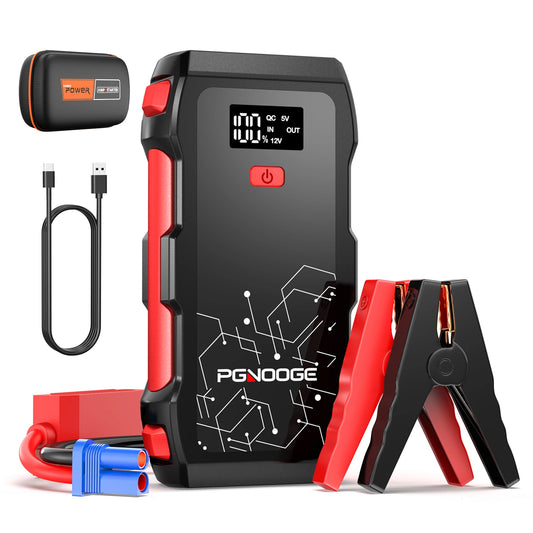 PGNOOGE 26800mAh 6000A de Crête Démarreur de Batterie, Booster de Batterie pour Tous les Moteurs Essence et 10L Diesel, 12V Batterie Voiture avec Lampe Torche, Affichage LED, Charge Rapide USB