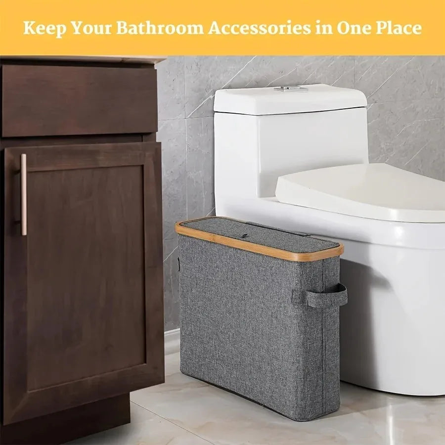 Bamboo Toilet Paper Holder with Lid - Freestanding Bathroom Organizer with Handle, Enclosed Tissue Storage Box
