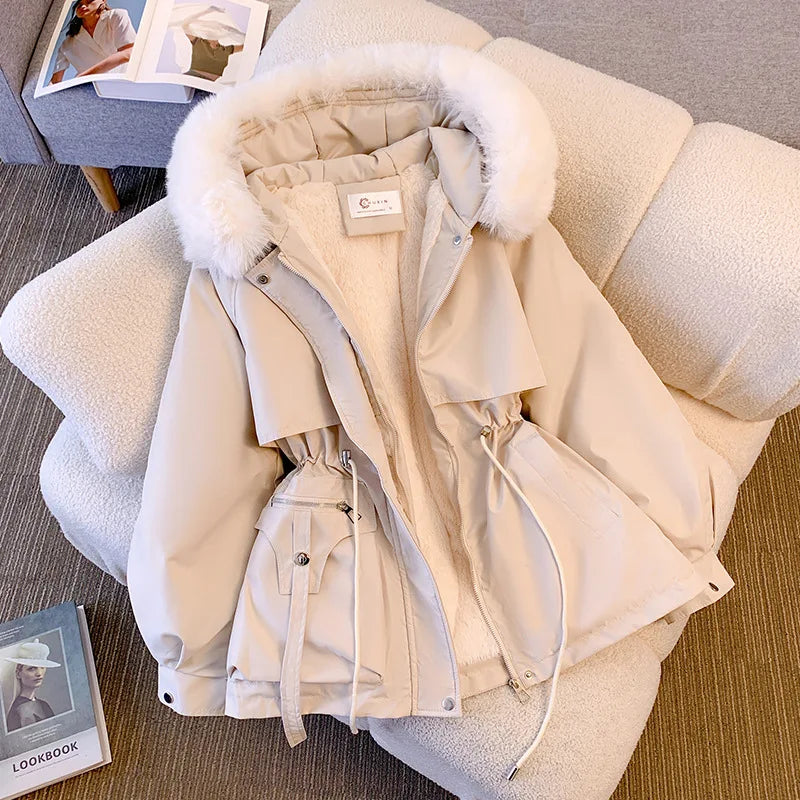 Veste d'hiver à capuche doublée polaire pour femme, manteau chaud rembourré avec cordon de serrage, Parkas coréen décontracté, Streetwear, vêtements d'extérieur bouffants
