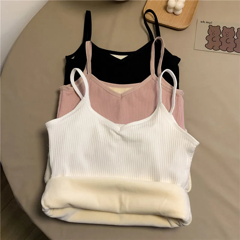 Women's Winter Warm Underwear Solid Color Thermal Casual Sleepwear Sexy Elasticity Women's Slim Velvet Sleeveless T-shirt Tops