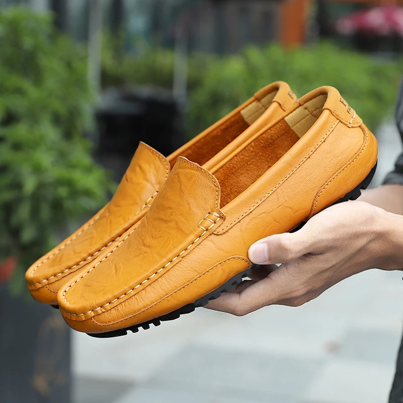 Mocasines transpirables de cuero genuino, mocasines casuales, zapatos de cuero para hombre sin cordones, zapatos planos italianos formales para conducir