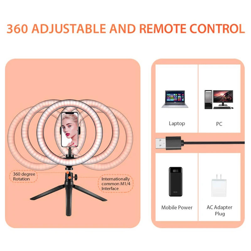 Anneau Lumineux LED Selfie 16/26/33 cm — Trépied, Télécommande Bluetooth, Éclairage Vidéo