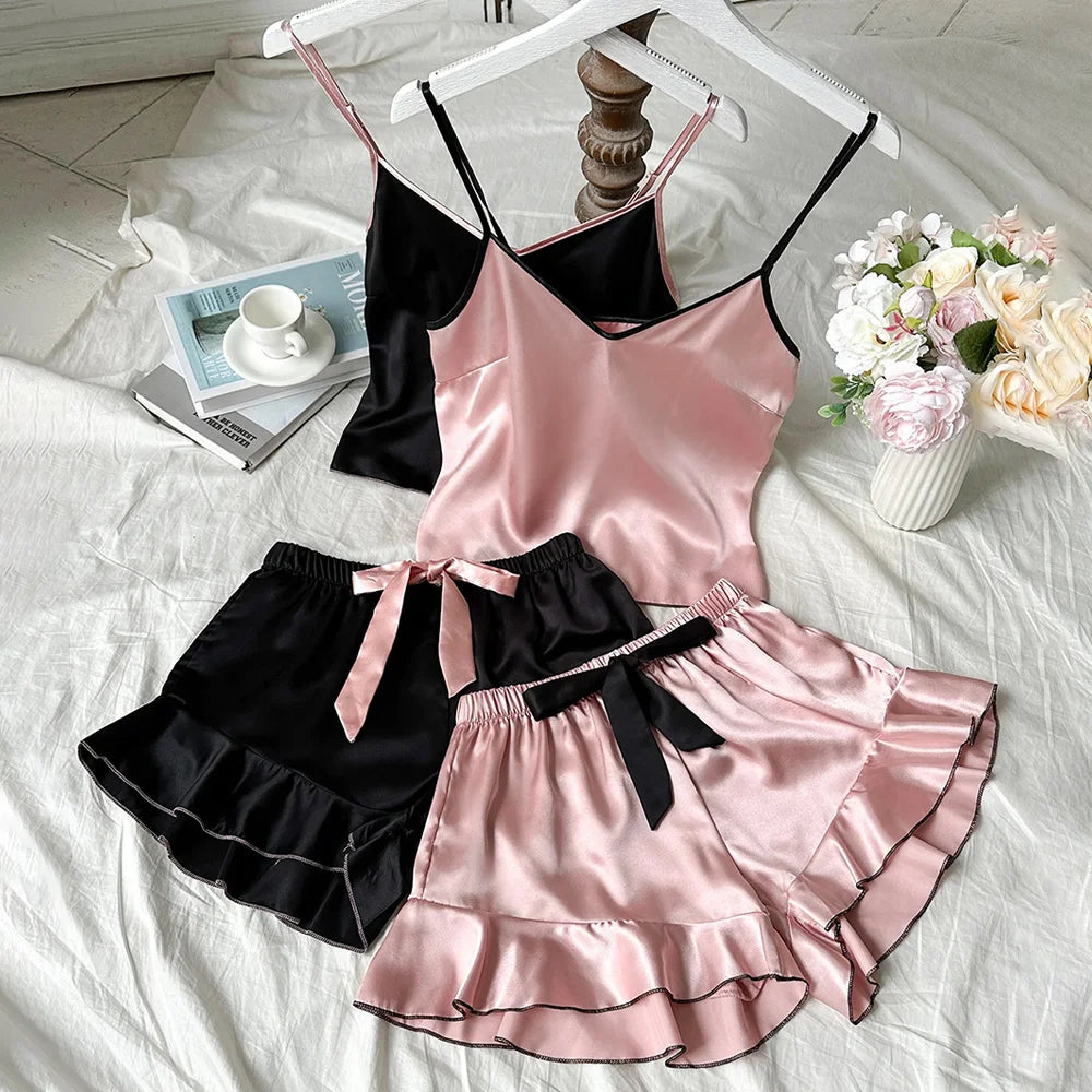 Pijama de satén liso para mujer, camiseta con cuello en V, bordes con volantes y shorts con lazo, conjunto de pijama simple y transpirable, ropa de casa con tirantes