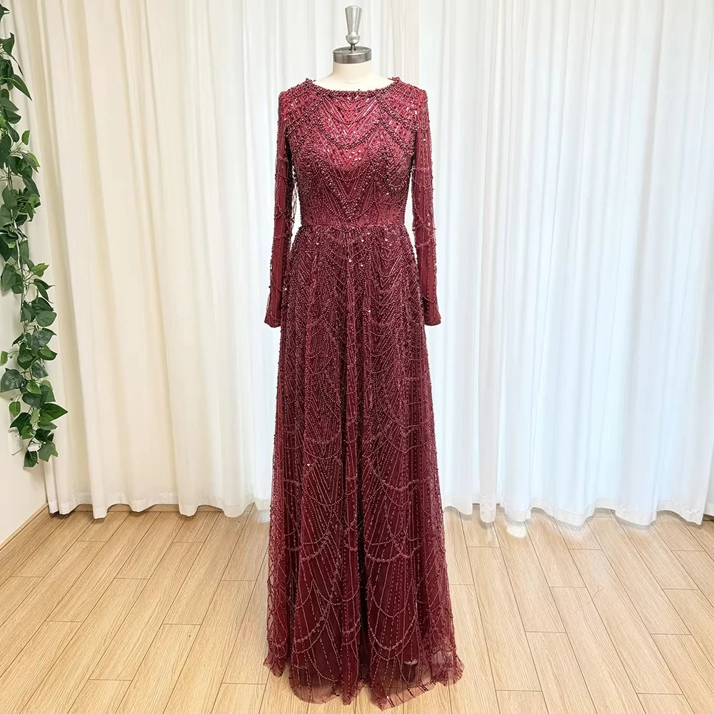 Mina Custom Beads Robes de soirée luxueuses pour femmes pour occasions formelles Paillettes. Robe de soirée de luxe à manches longues et col rond