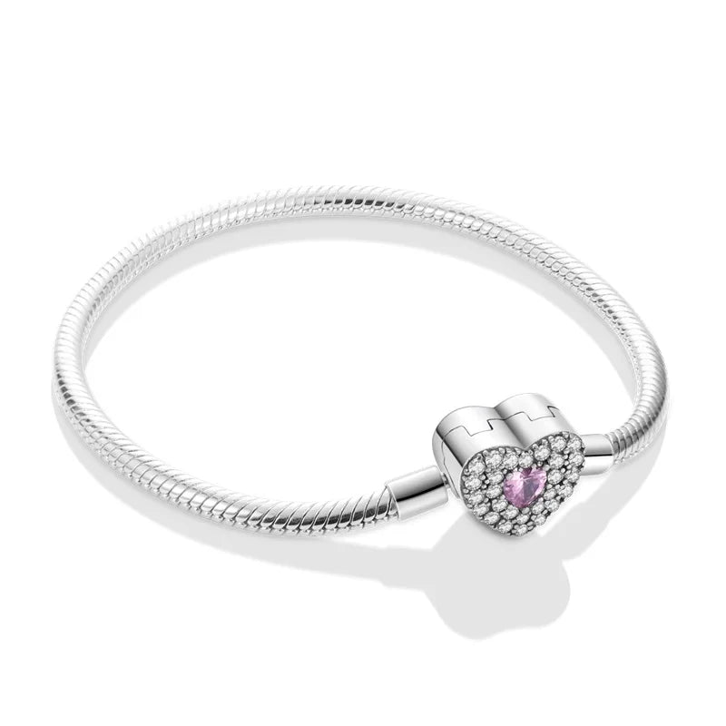 Fashion S925 Silver Plated Peach Heart Love Sparkling Zircon Bracelet for Women DIY Fit Charms Fine Beads DIY Birthday Jewelry