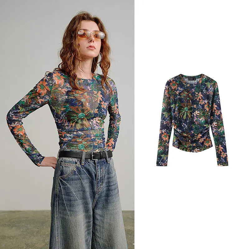 T-shirt femme en maille imprimé 2026 — printemps, taille découpée, Y2K, hauts courts