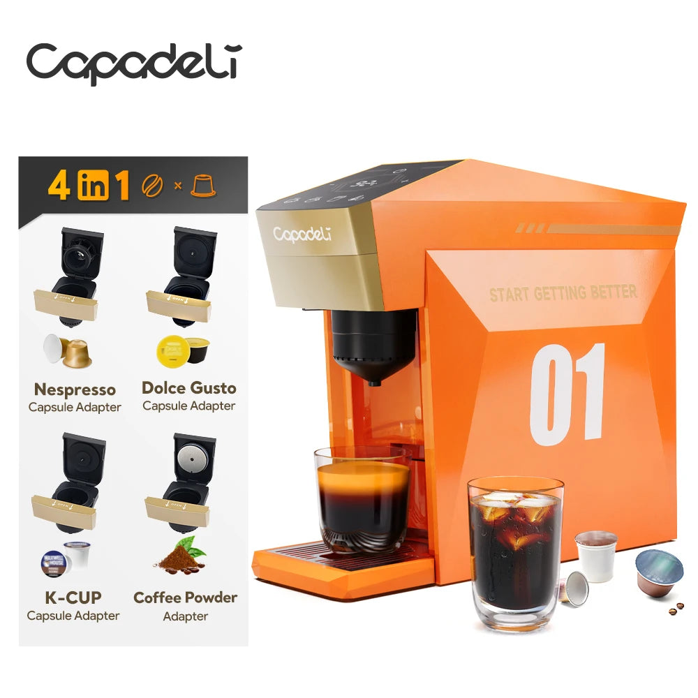4-in-1 espresso machine compatible with K Cup pods, Nes Original, DG Capsules, and ground coffee